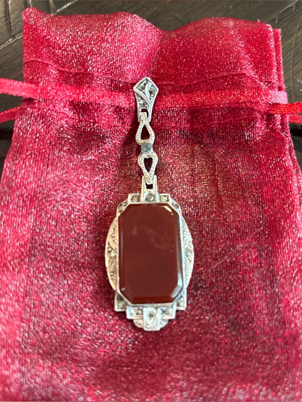 Vintage Art Deco Sterling Silver & Carnelian Pendant Marcasite Germany